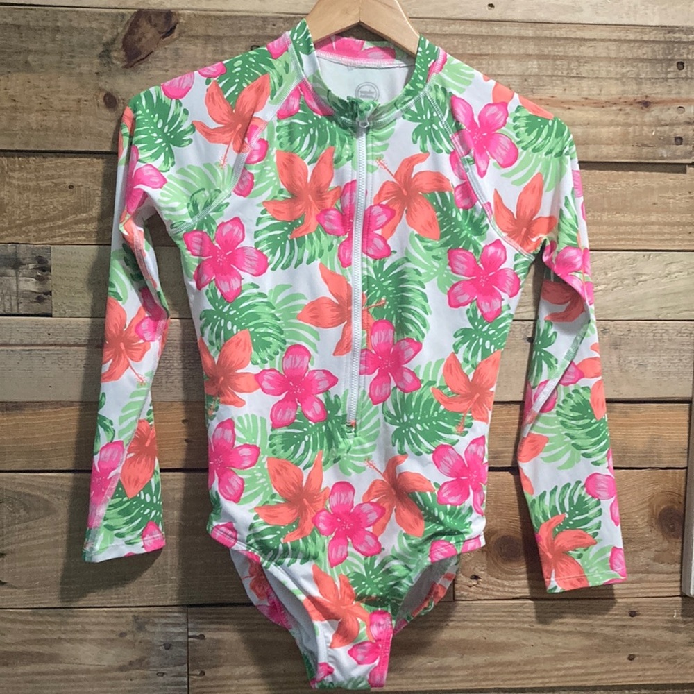 WONDER NATION  Girls 1 pc Pink Floral Hawaiian Print Rash Guard Swim Sui